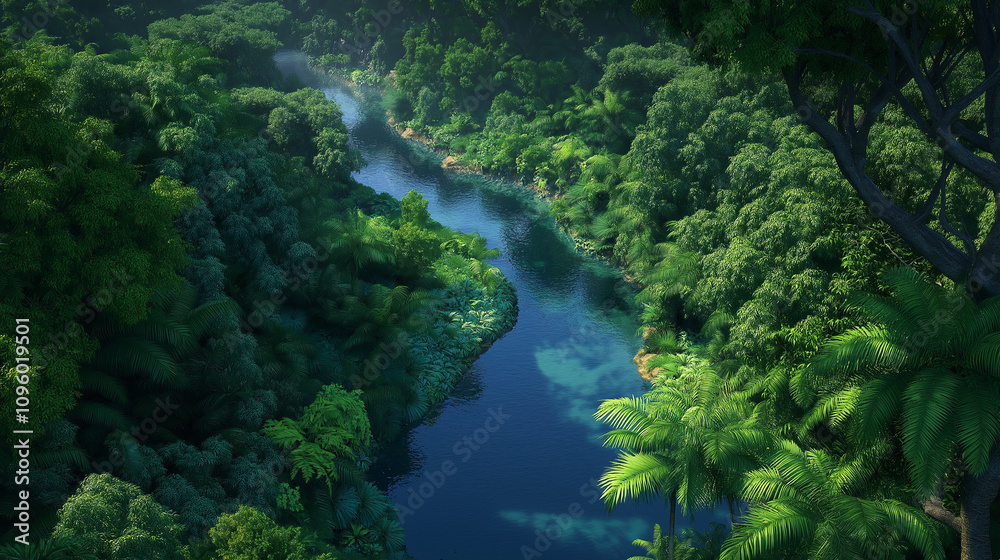 A winding river seen from above, surrounded by vibrant green forest canopies A winding river seen from above, surrounded by vibrant green forest canopies