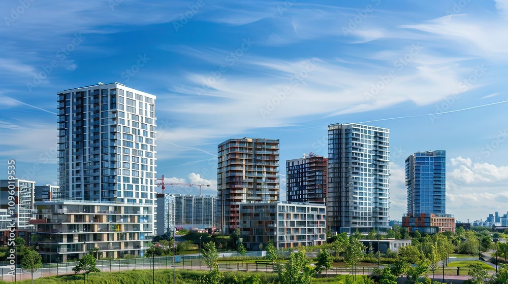 A row of minimalist, contemporary skyscrapers against a blue sky. A row of minimalist, contemporary skyscrapers against a blue sky.