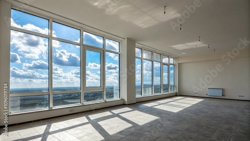 Empty flat with windows on different sides showing the sky view outside, windows, open plan living, empty flat, urban landscape, simple interior photo