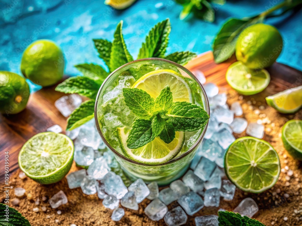 Refreshing Mojito Delight: A Drone's Eye View of a Traditional Cocktail with Crushed Ice Against a Lush Tropical Backdrop Refreshing Mojito Delight: A Drone's Eye View of a Traditional Cocktail with Crushed Ice Against a Lush Tropical Backdrop
