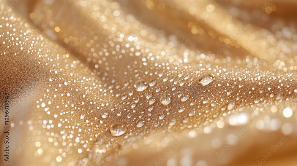 Close-up of Water Droplets on Golden Fabric - Fresh and Wet Close-up of Water Droplets on Golden Fabric - Fresh and Wet