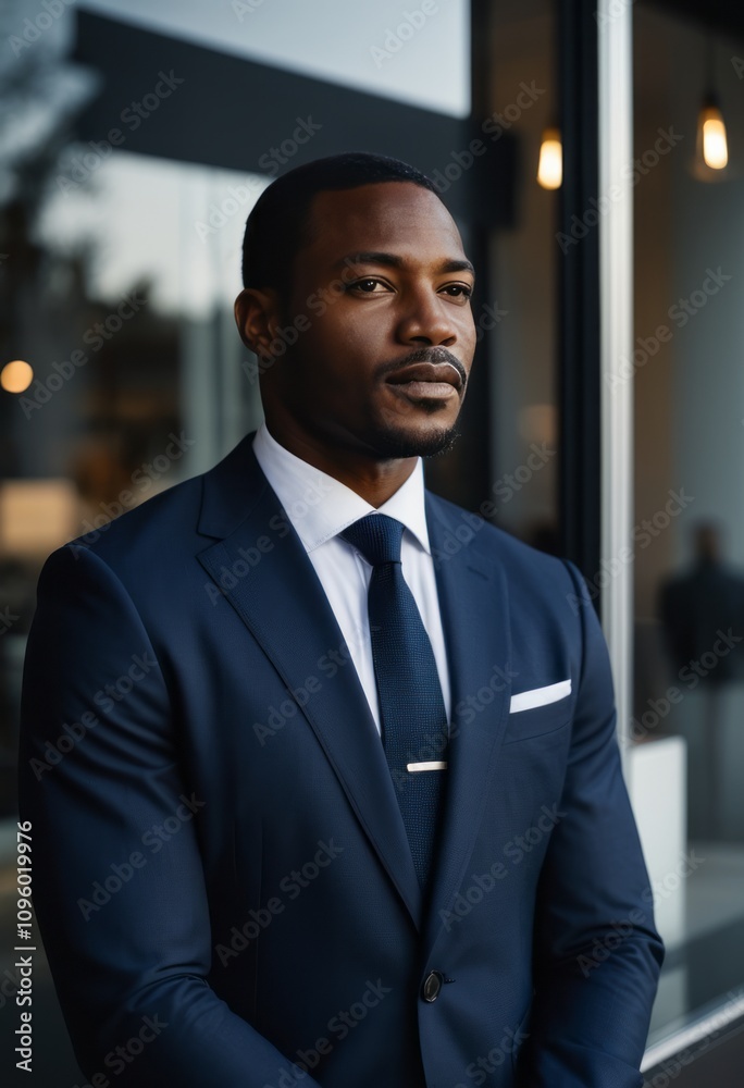 Professional portrait, confident African American man, navy blue suit, white shirt, dark tie, evening lighting, soft focus background, window reflections, serious expression, business executive, shall Professional portrait, confident African American man, navy blue suit, white shirt, dark tie, evening lighting, soft focus background, window reflections, serious expression, business executive, shall