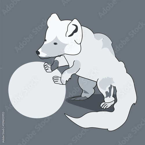 wild animal, shaggy scribe, gray in color, side view, stands on two legs, resting its front paws on a round ball.