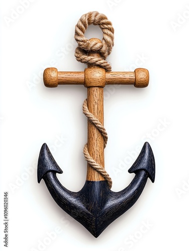 Rustic Wooden Anchor with Rope Detail on White Background for Nautical and Maritime Themed Decor and Design Concepts photo