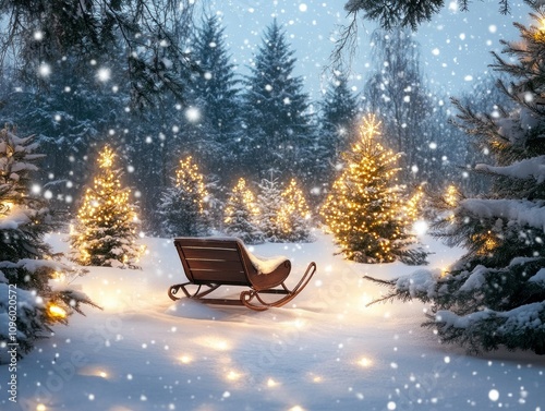 Magical winter scene snow-covered sleigh in a snowy forest with illuminated Christmas trees.