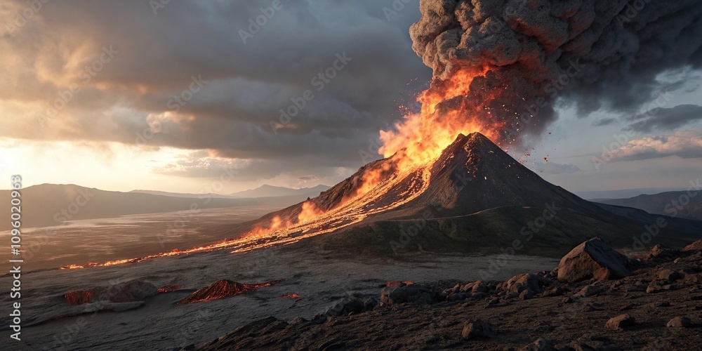 Fototapeta premium Flames dancing on a volcanic ash cloud, volcanic eruption, firelight, burning clouds