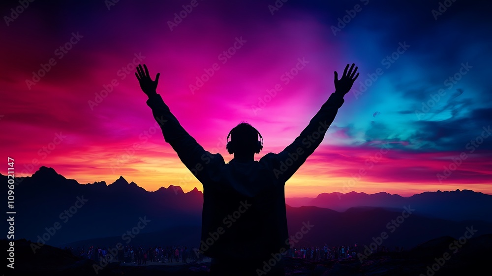 Fototapeta premium Exuberant Individual Embraces Vibrant Sunset with Headphones, Silhouette Against Colorful Sky Over Mountains, Emanating Joy and Freedom