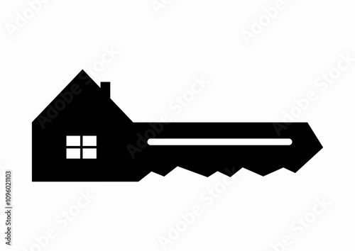 House key, black symbol, icon, logo. Concept for real estate agency or turnkey construction. Transparency design.