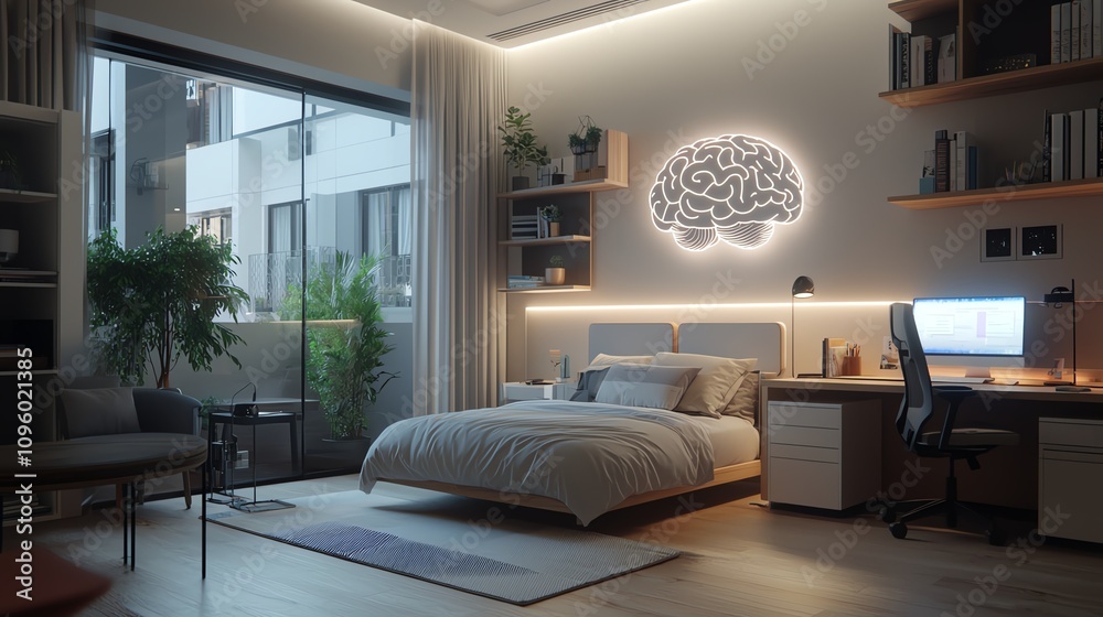 Fototapeta premium Modern bedroom with cozy lighting and decor.