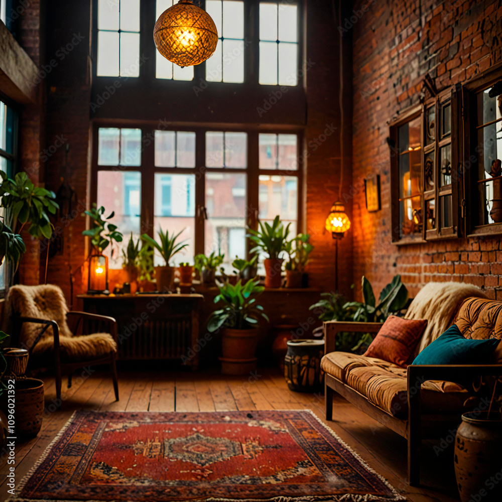 Fototapeta premium An eclectic bohemian loft with rich textures, vibrant colors, and luxurious vintage pieces.