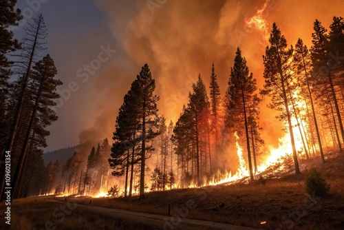 Forest fire with intense heat and light, heat, smoke, firestorm