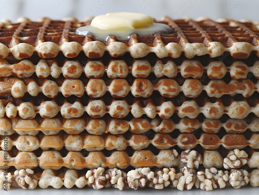 A layered stack of waffle-like snacks with a dollop of cream on top. A layered stack of waffle-like snacks with a dollop of cream on top.