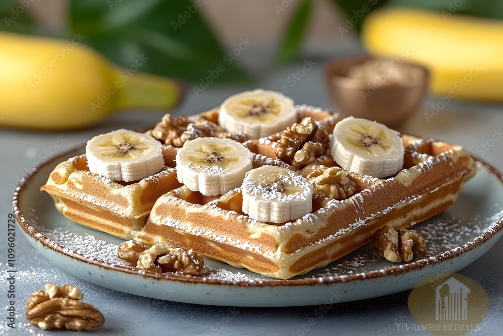 A plate of waffles topped with banana slices and walnuts, dusted with powdered sugar. A plate of waffles topped with banana slices and walnuts, dusted with powdered sugar.