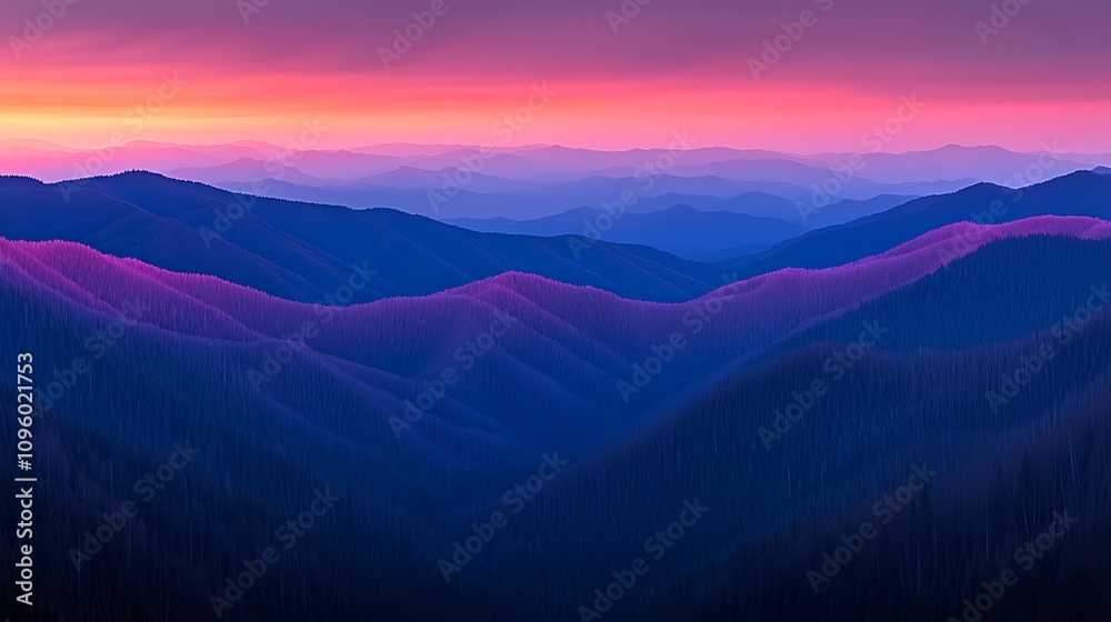 Serene Dusk Over Majestic Mountains with Layers of Mist and Vibrant Colors Reflecting Orange, Purple, and Blue Hues in a Stunning Sky at Twilight Serene Dusk Over Majestic Mountains with Layers of Mist and Vibrant Colors Reflecting Orange, Purple, and Blue Hues in a Stunning Sky at Twilight