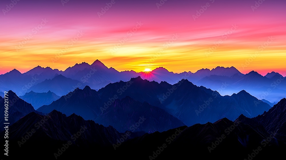 Fototapeta premium Breathtaking Sunrise Over Majestic Mountain Range with Vibrant Colors Showing Gradients of Purple, Pink and Orange in the Sky, Creating a Stunning Natural Landscape