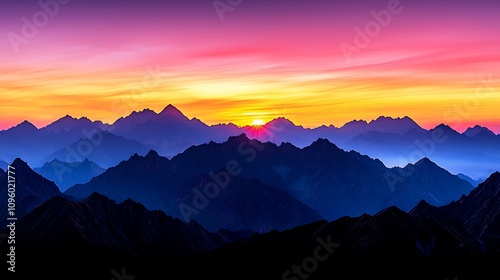 Breathtaking Sunrise Over Majestic Mountain Range with Vibrant Colors Showing Gradients of Purple, Pink and Orange in the Sky, Creating a Stunning Natural Landscape