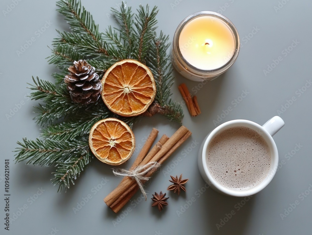 Cozy winter scene with hot cocoa, candle, cinnamon, oranges, and pine.