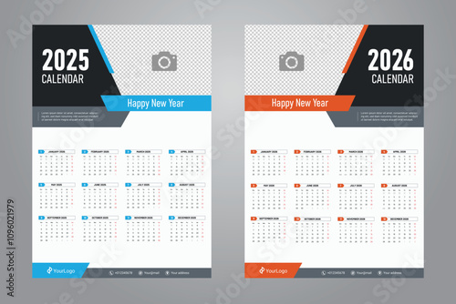 Blue and red wall calendar design for 2025 and 2026 with geometric shape vector template