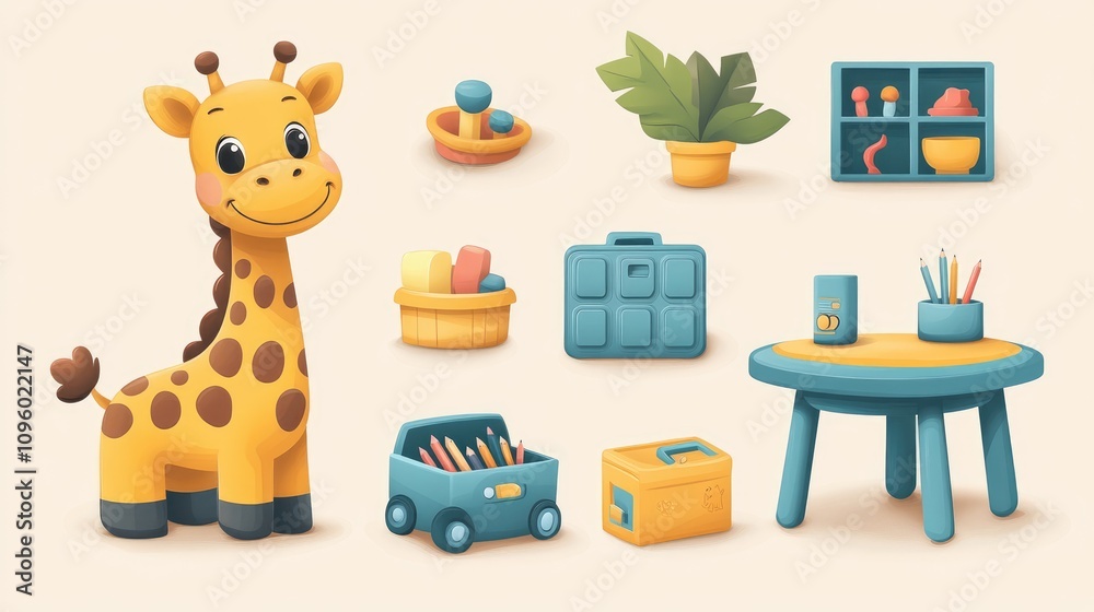 Fototapeta premium Cute Giraffe Toy with Colorful Children's Playroom Items and Furniture on Light Background