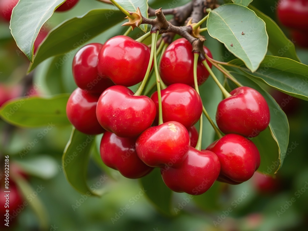 Freshly opened cherries on the cherry tree branch with leaves, green stem, ripe fruit Freshly opened cherries on the cherry tree branch with leaves, green stem, ripe fruit