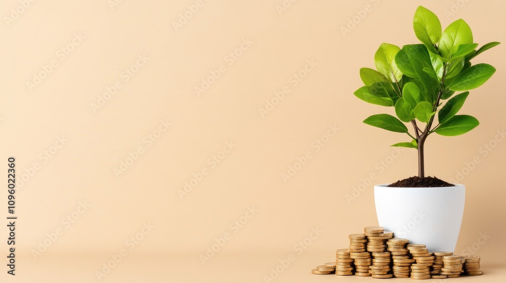 Growing Financial Success Concept with Plant in Pot and Stacked Coins on Neutral Background Growing Financial Success Concept with Plant in Pot and Stacked Coins on Neutral Background