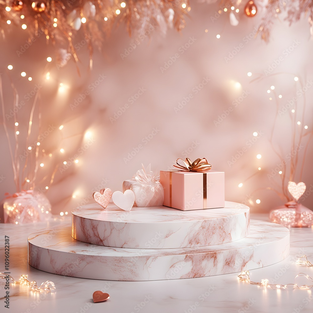 A marble podium with delicate rose gold accents, surrounded by glowing fairy lights and a misty backdrop, leaving ample space for showcasing a Valentine is gift. A marble podium with delicate rose gold accents, surrounded by glowing fairy lights and a misty backdrop, leaving ample space for showcasing a Valentine is gift.