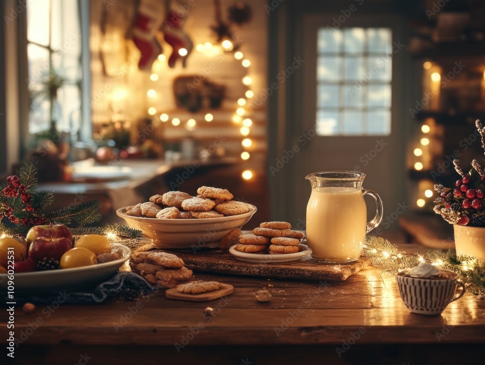 Christmas cookies and eggnog on rustic kitchen table with warm lighting and festive decorations. Christmas cookies and eggnog on rustic kitchen table with warm lighting and festive decorations.