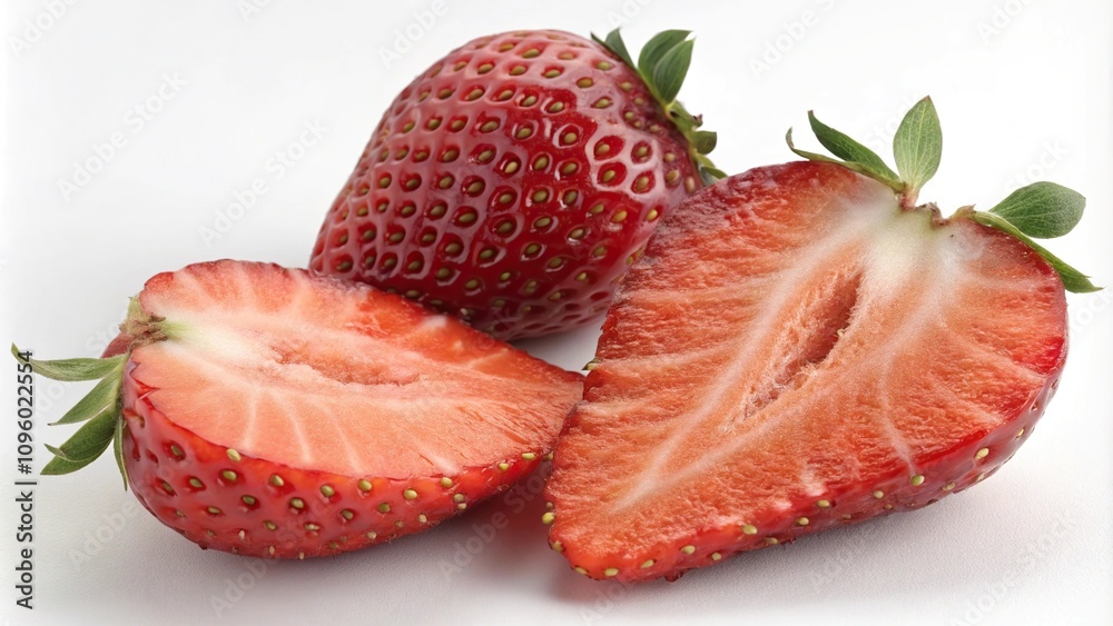 Fresh strawberries sliced in half to reveal their juicy interior, preparation, food