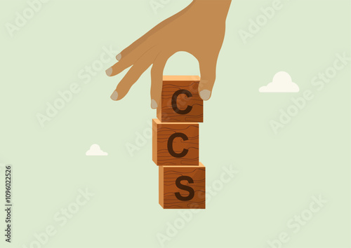 Carbon Capture Storage Environmental Technology Illustration Concept. CCS (Carbon Capture Storage) with wooden blocks and CO2 cloud symbols representing environmental solutions. Vector illustration