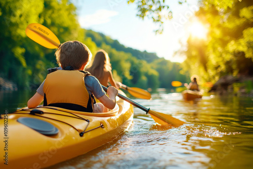 happy children kayaking down a scenic river photo