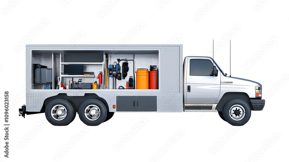 Utility Work Truck with Open Compartments Showing Tools and Equipment for Various Tasks. isolated white Utility Work Truck with Open Compartments Showing Tools and Equipment for Various Tasks. isolated white
