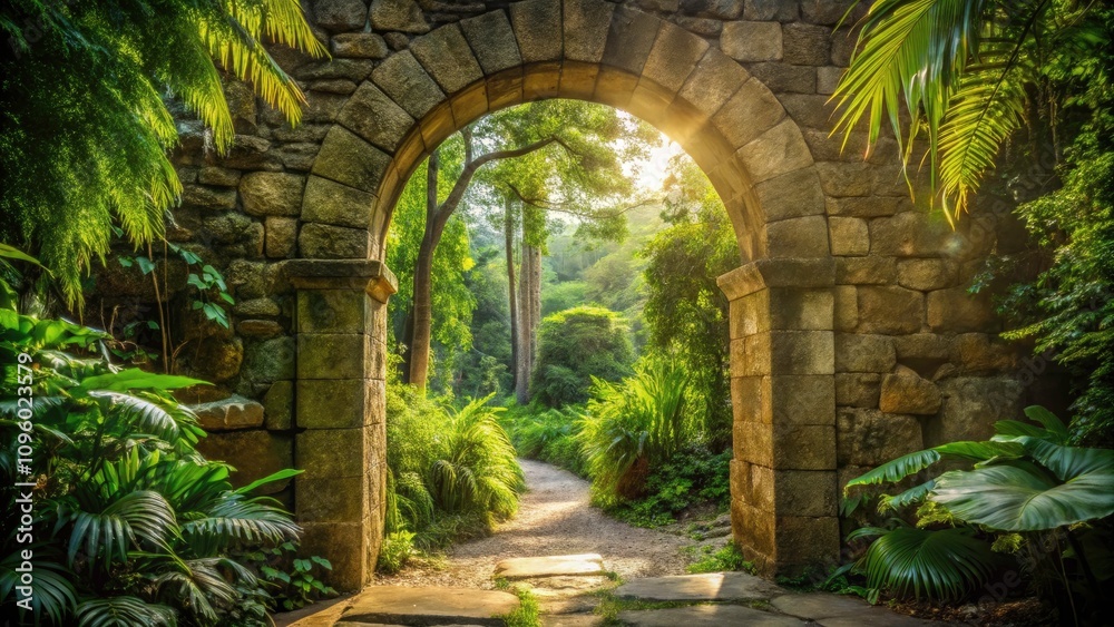 Serene Stone Archway Embracing a Lush Sunlit Jungle Pathway - Minimalist Photography, Nature, Tranquility, Greenery, Jungle Exploration, Architectural Beauty, Natural Light Serene Stone Archway Embracing a Lush Sunlit Jungle Pathway - Minimalist Photography, Nature, Tranquility, Greenery, Jungle Exploration, Architectural Beauty, Natural Light