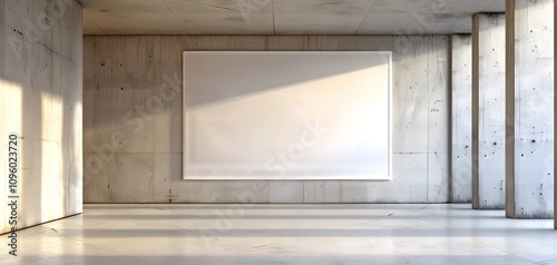 A minimalist gallery space with a large blank canvas on a concrete wall.