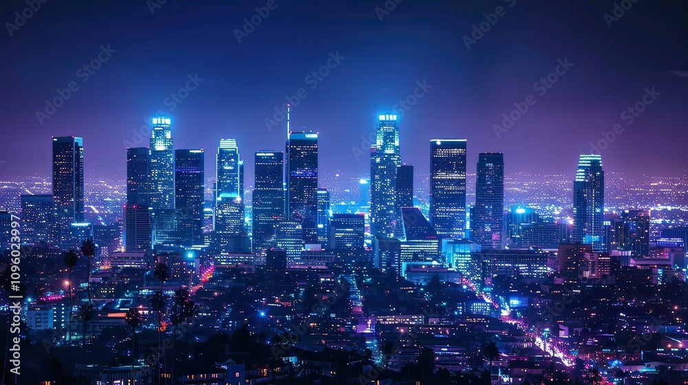 A city skyline with bright lights from skyscrapers during the nighttime. A city skyline with bright lights from skyscrapers during the nighttime.
