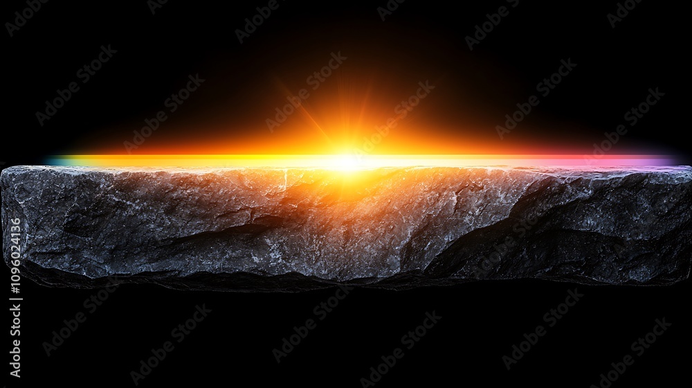 Naklejka premium Horizon of Light with Bright Sunset Over Rock Surface Creating a Stunning Contrast of Color and Texture against a Dark Background