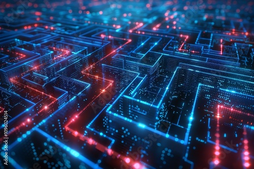 An intricate maze with radiant lines on a black background, emphasizing the complexity of its design, A maze made of blockchain elements.