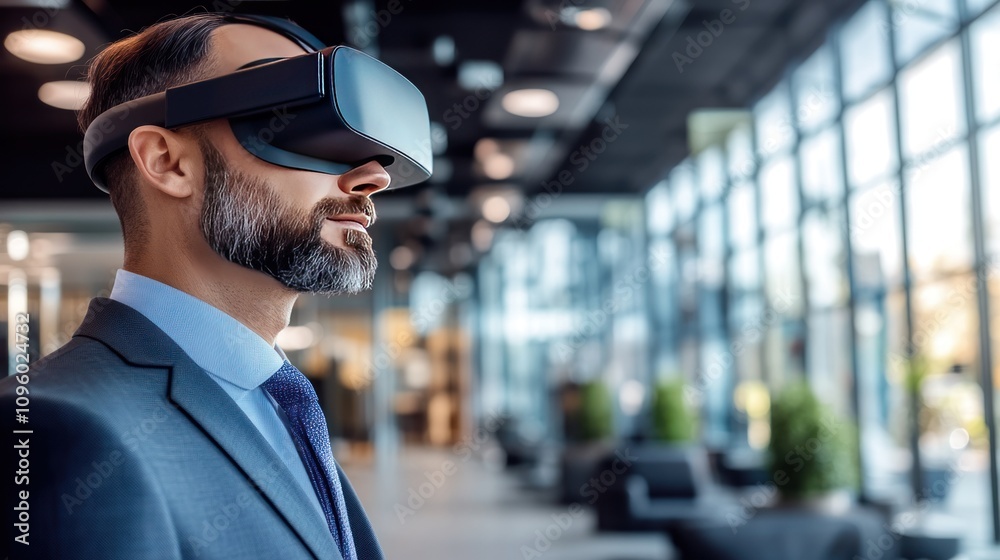 A man in a suit wearing a VR headset in a modern office environment.