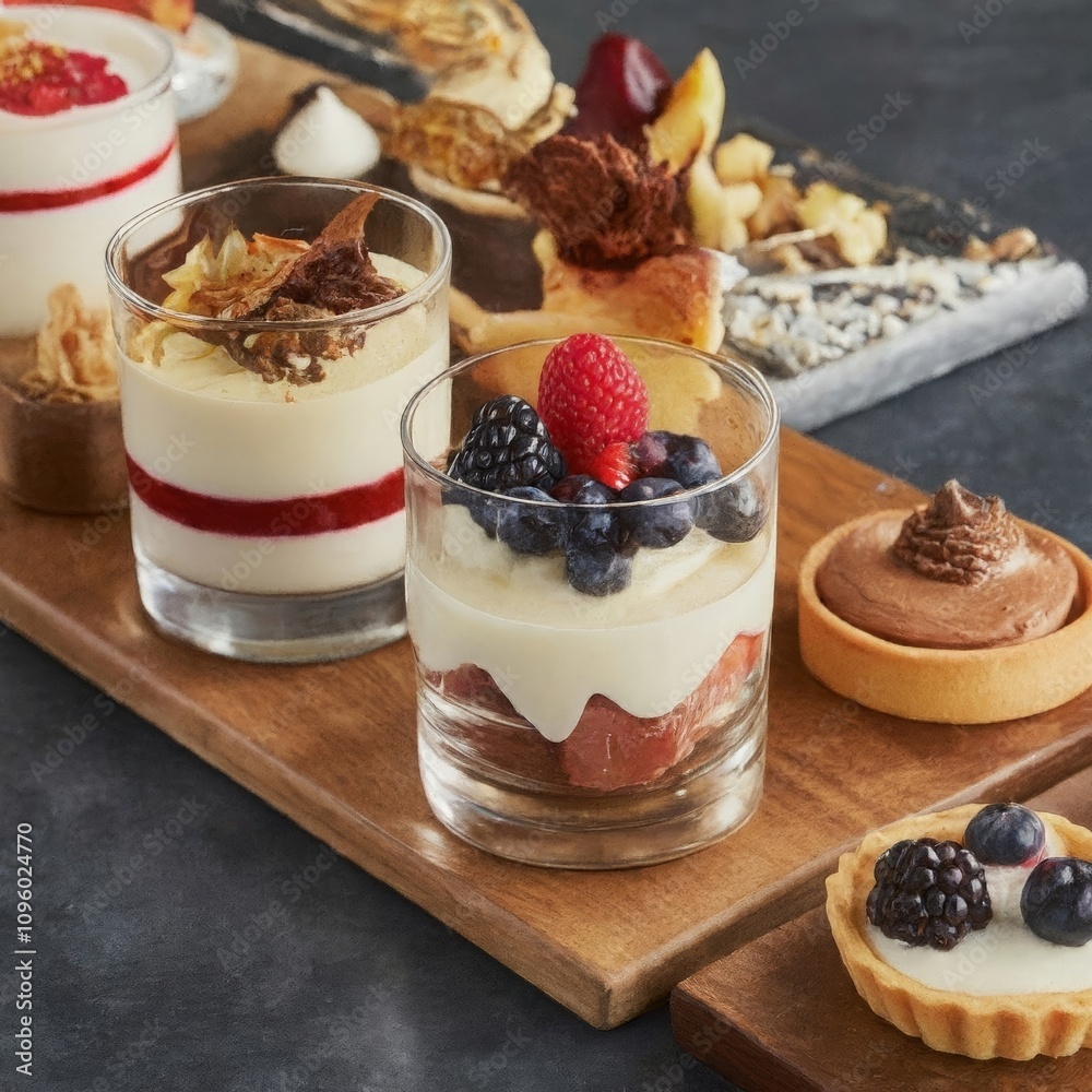 Assorted Mini Desserts Featuring Berry Topped Parfaits, Chocolate Tartlets and Elegant Fruit Garnishes on a Wooden Platter Assorted Mini Desserts Featuring Berry Topped Parfaits, Chocolate Tartlets and Elegant Fruit Garnishes on a Wooden Platter