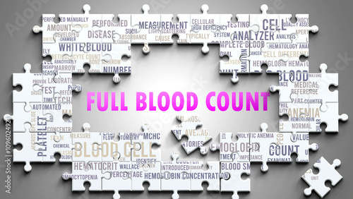 Full Blood Count as a complex subject, related to important topics. Pictured as a puzzle and a word cloud made of most important ideas and phrases related to full blood count. ,3d illustration
