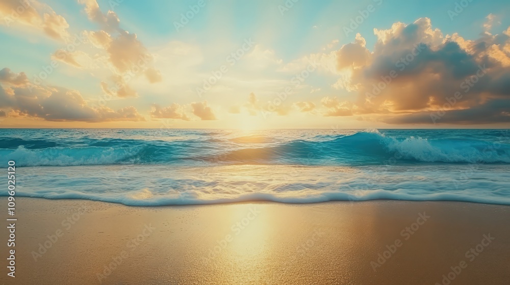 Beautiful Seascape with Blue Waves and a Golden Sunset on the Beach Beautiful Seascape with Blue Waves and a Golden Sunset on the Beach