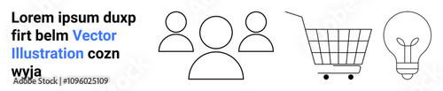 Simple line art graphics of three people figures, shopping cart, and light bulb. Ideal for business presentations, e-commerce, teamwork concepts, idea brainstorming, education, marketing