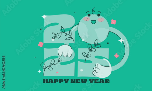 Happy New Year minimalistic environmentally friendly numbers 2025 on teal background