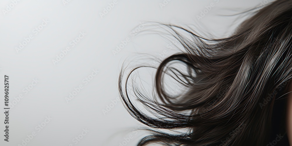 A close-up of flowing, dark hair against a light background, showcasing its texture and movement. A close-up of flowing, dark hair against a light background, showcasing its texture and movement.