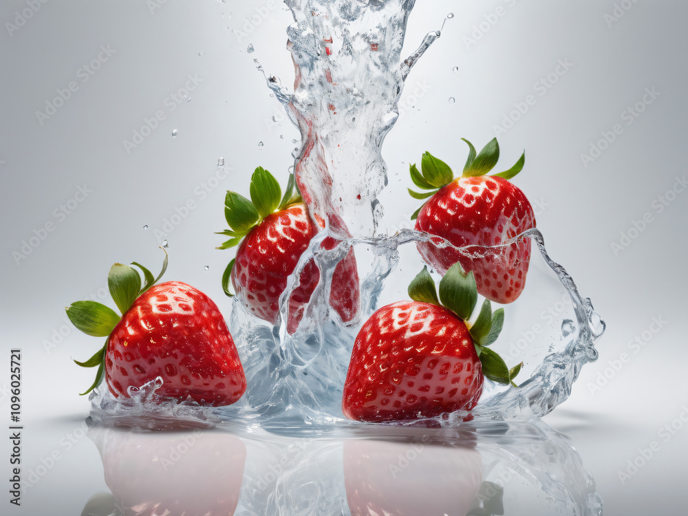 Strawberries plunge, water erupts; freshness captured mid-splash Strawberries plunge, water erupts; freshness captured mid-splash