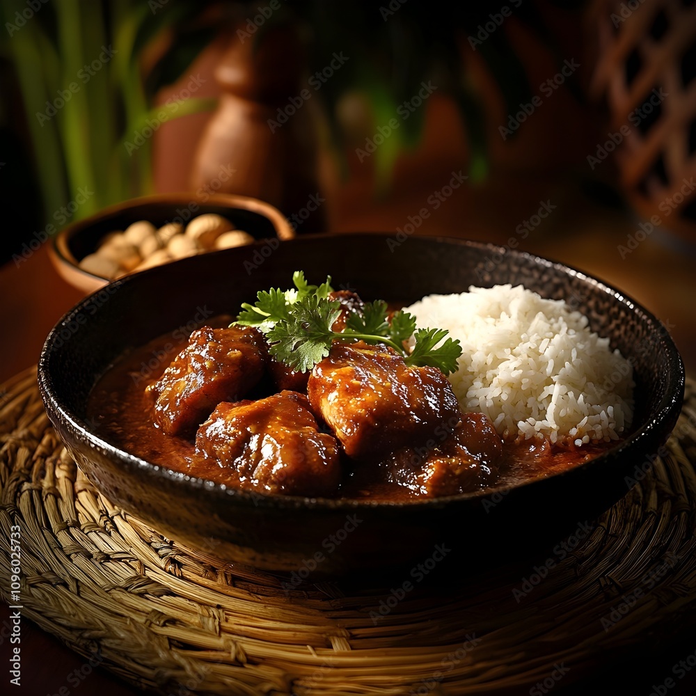 Angolan muamba de galinha, a dish of slow-cooked chicken pieces in a rich, creamy peanut and palm oil sauce. Garnished with fresh coriander and served with a side of white rice on a woven mat. Angolan muamba de galinha, a dish of slow-cooked chicken pieces in a rich, creamy peanut and palm oil sauce. Garnished with fresh coriander and served with a side of white rice on a woven mat.