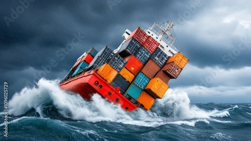 Cargo Ship Braving the Storm: A powerful image of a cargo ship battling turbulent waves, symbolizing resilience, strength, and the unpredictable nature of the global supply chain. The vessel.