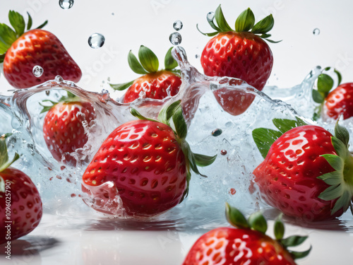 Vivid red strawberries splashed with water, creating dynamic droplets. photo