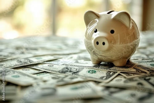 White piggy bank with U.S. dollar bills on a white surface, representing financial growth