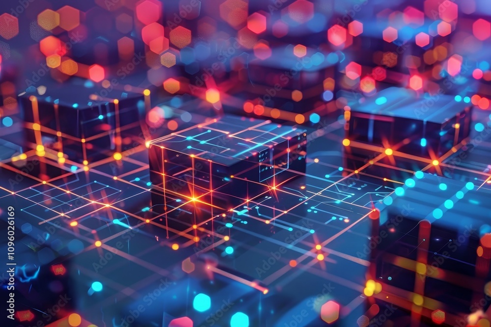 A multi-dimensional perspective of data transfer in a blockchain. A digital illustration depicting a computer network interconnected with a prominent key symbolizing security and access.