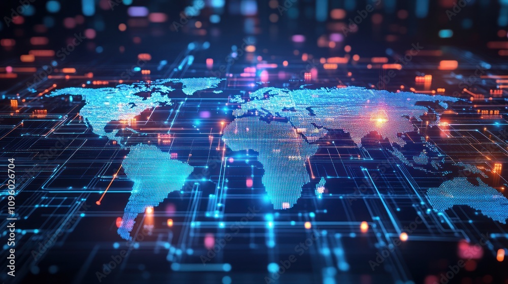 A digital representation of a world map with interconnected data points and lines. A digital representation of a world map with interconnected data points and lines.